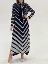 ODYSSEE Designer Chevron Chiffon Striped Maxi Evening Party Dress Navy UK 10