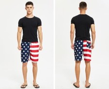 Men Summer Beach Pants Swimwear Swim Trunks Shorts Mesh Lining American USA Flag