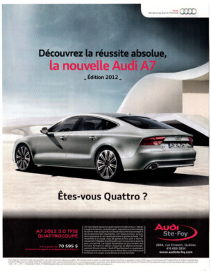 2012 AUDI A7 3.0 TFSI Quattrocoupe Original Print AD Silver car photo French CA