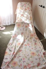 White Fabric Floral Tablecloth Blossoms Blooms Butterflies Pastel 118 x 59