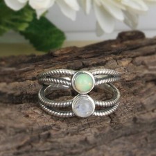 Ethiopian Opal Gemstone Split Shank Ring, 925 Silver Oxidized Moonstone Ring