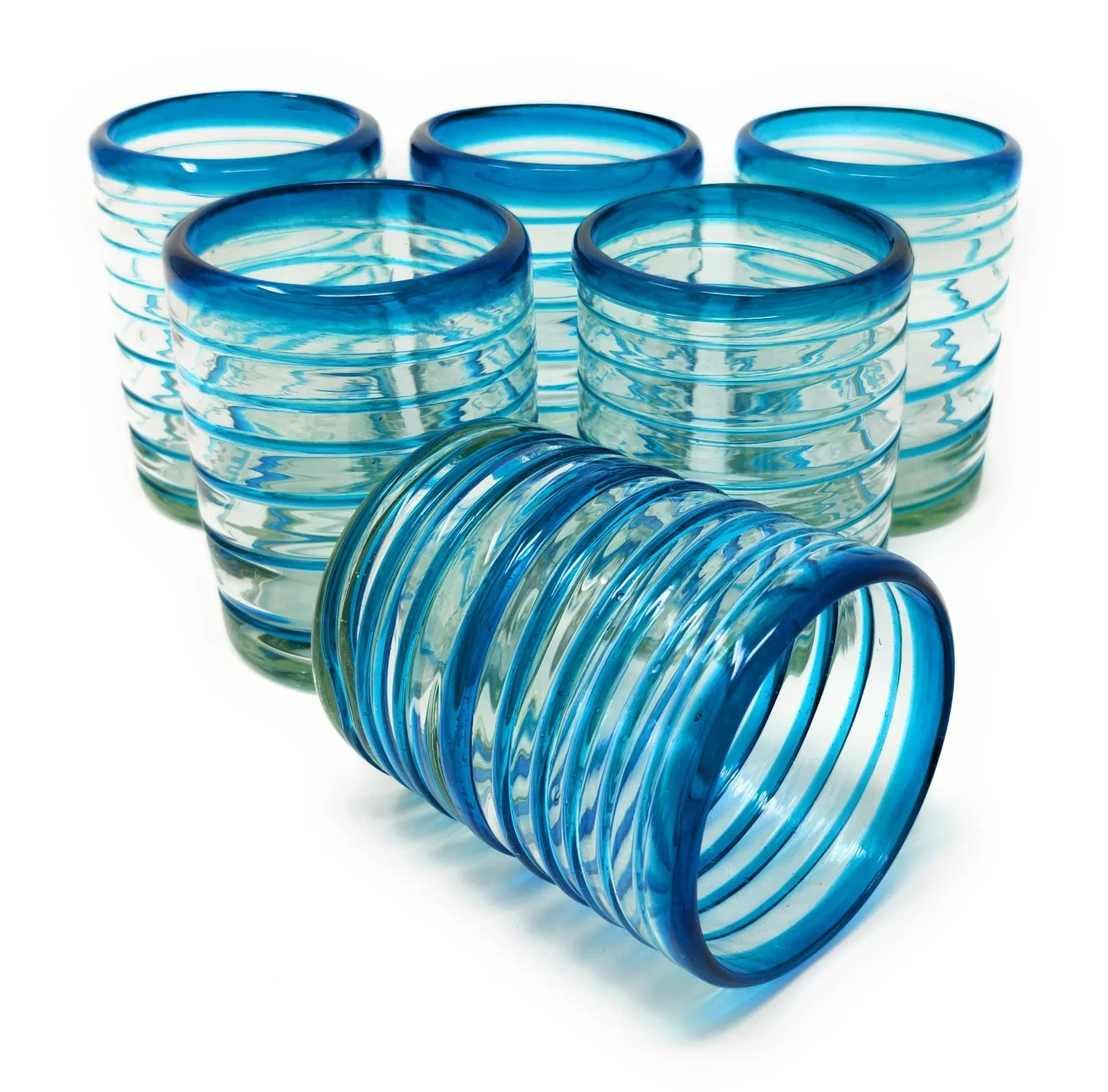 Hand Blown Mexican Drinking Glasses “ Set Of 6 Tumbler Glasses With An Aqua Spir