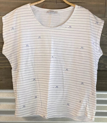 Mango Basics Tee T-shirt Swimming Lanes Striped Short Sleeve Cotton LARGE L