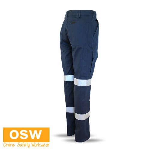 LADIES HEAVY-WEIGHT WOMENS NAVY COTTON DRILL BIO MOTION TAPED SAFETY WORK PANTS - Picture 3 of 3