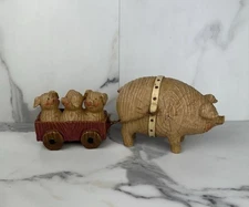 Mama Pig Pulling Piglets In Red Wagon Figurine 10.5” Primitive Resin Vintage