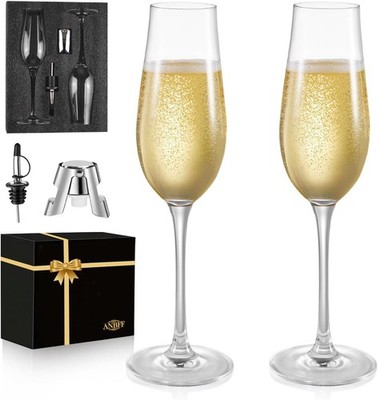 Champagne Flutes - Set of 2 Hand Blown Crystal Clear Glass - 8.2 Oz Champagne