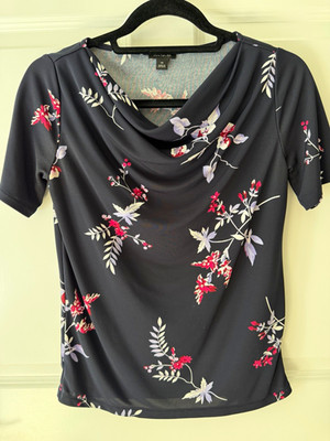 Ann Taylor Women's XS Black Floral Cowl Neck Short Sleeve Pullover Top