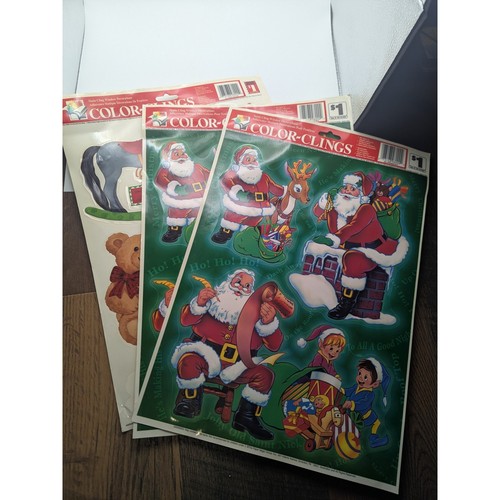 3 Vintage 2001 Color-Clings Christmas Window Clings Santa Elves Reindeer Toys