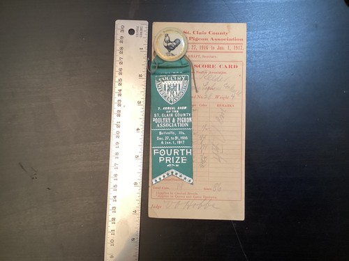 St Clair Co Poultry Pigeon Association 4th Prize Ribbon Pin 1916 Belleville ILL