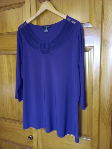 Adele & May Woman 3X Dark Purple sheer neckline top IRL msrmts below long sleeve - Picture 3 of 24