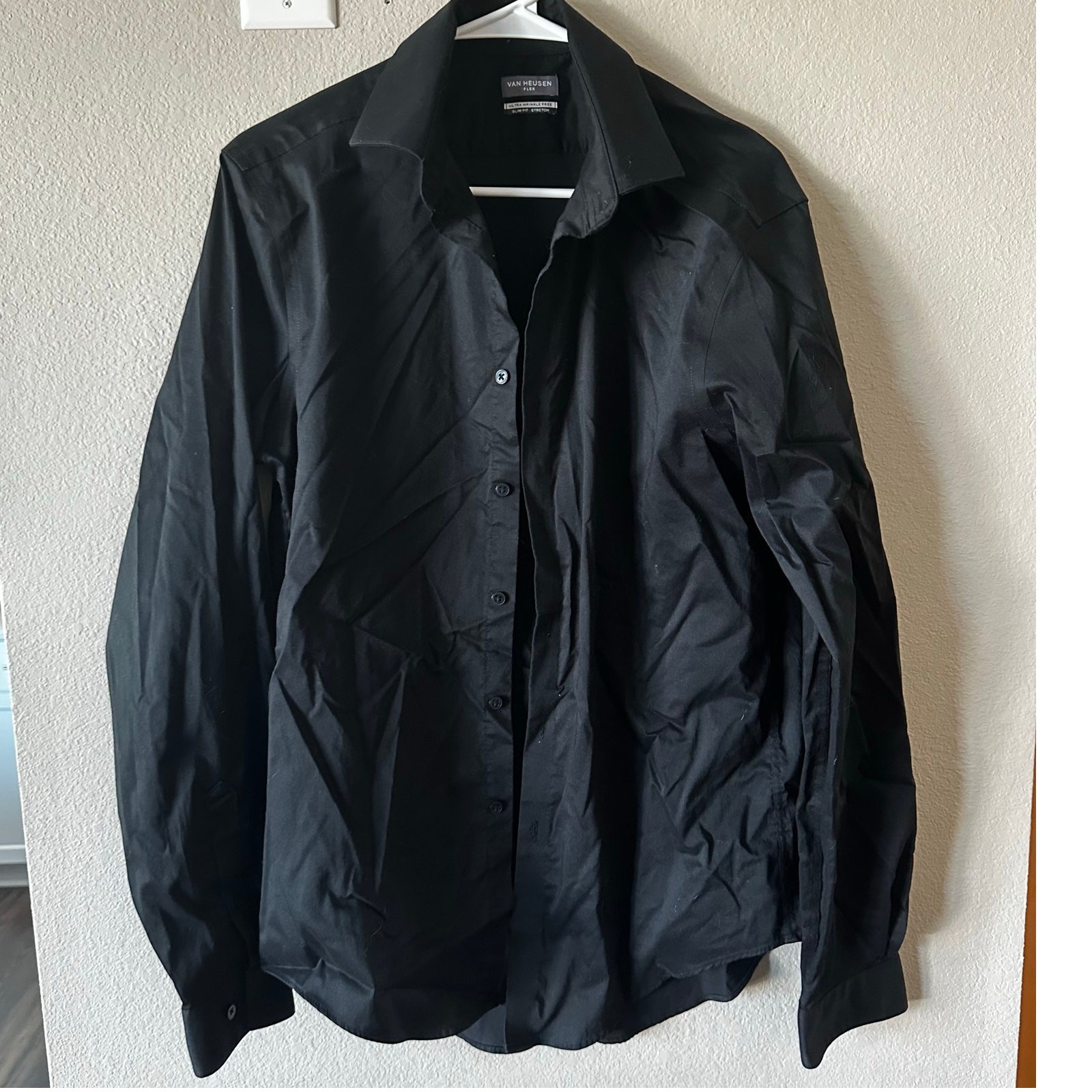 EUC Mens VanHeusen Flex Slim Fit Stretch Black Button-Down Dress Shirt M 34/35