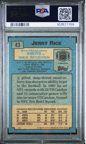1988 Topps Football #43 Jerry Rice San Francisco 49ers HOF PSA 9 MINT 1159 - Picture 2 of 2