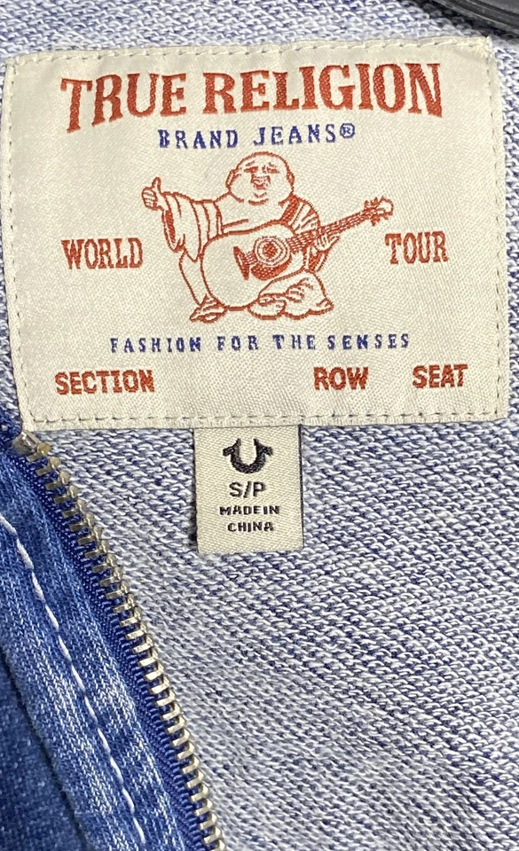 Sudadera con Capucha True Religion Azul Gira Mundial Gráfico Jean Look Cremallera Completa Para Mujer Talla S Foto 3 de 4