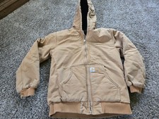 Carhartt Hooded Jacket Youth XL 18-20 Brown Canvas Quilted Workwear Faded Y2K