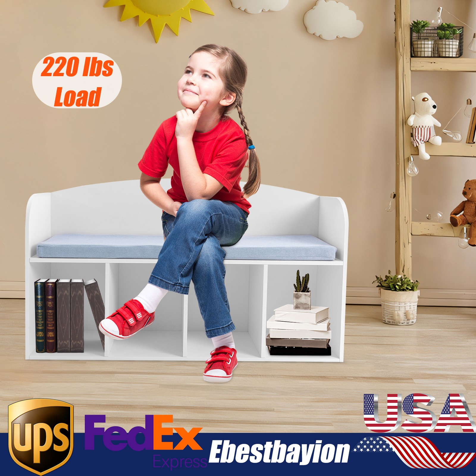 White Kids Bookcase with Bench Seat and Storage Organizer