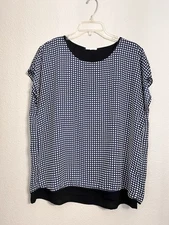 Pleione Sleeveless Blouse Top Women XL Black Lined Polka Dot Office Career Work