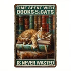 Vintage Aluminum-Time Spent with Books  Cats is Never Tin Metal Signs Home Décor