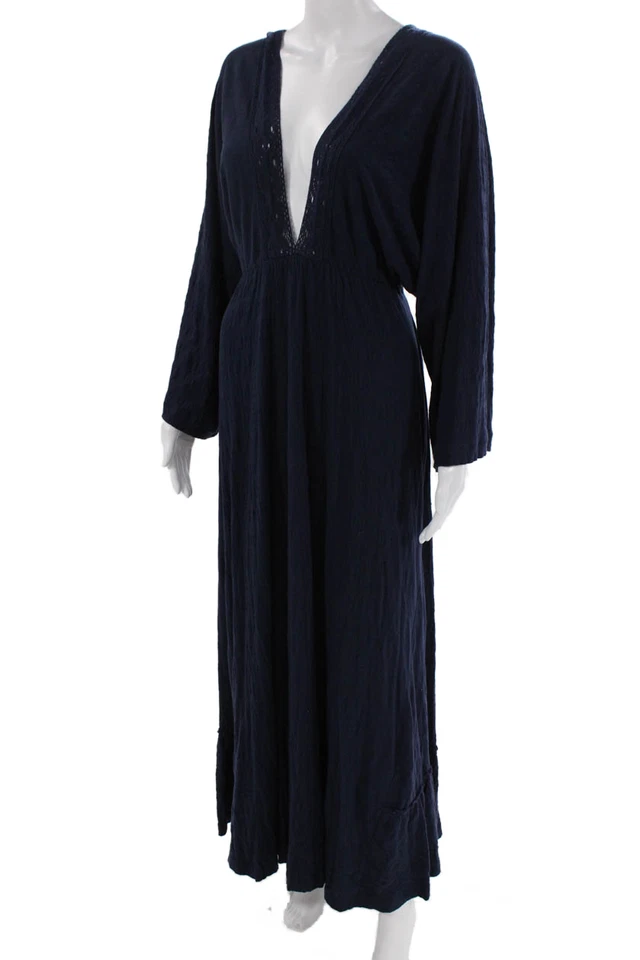 Vestido midi FP Beach feminino manga longa acabamento em renda gola V algodão marinho tamanho XS - Imagem 2 de 4