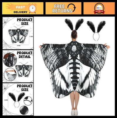Halloween Moth Butterfly Wings Cape Costume Set for Adults with Feather Ant Head