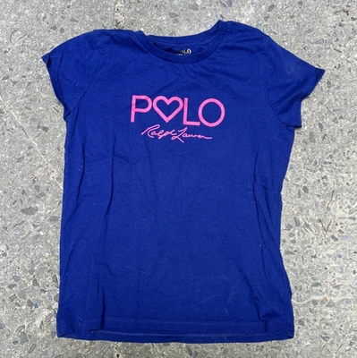 FREE SHIPPING! Polo RALPH LAUREN Girls L 12-14 Navy T Shirt HEART Signature TEE - Photo 1/3