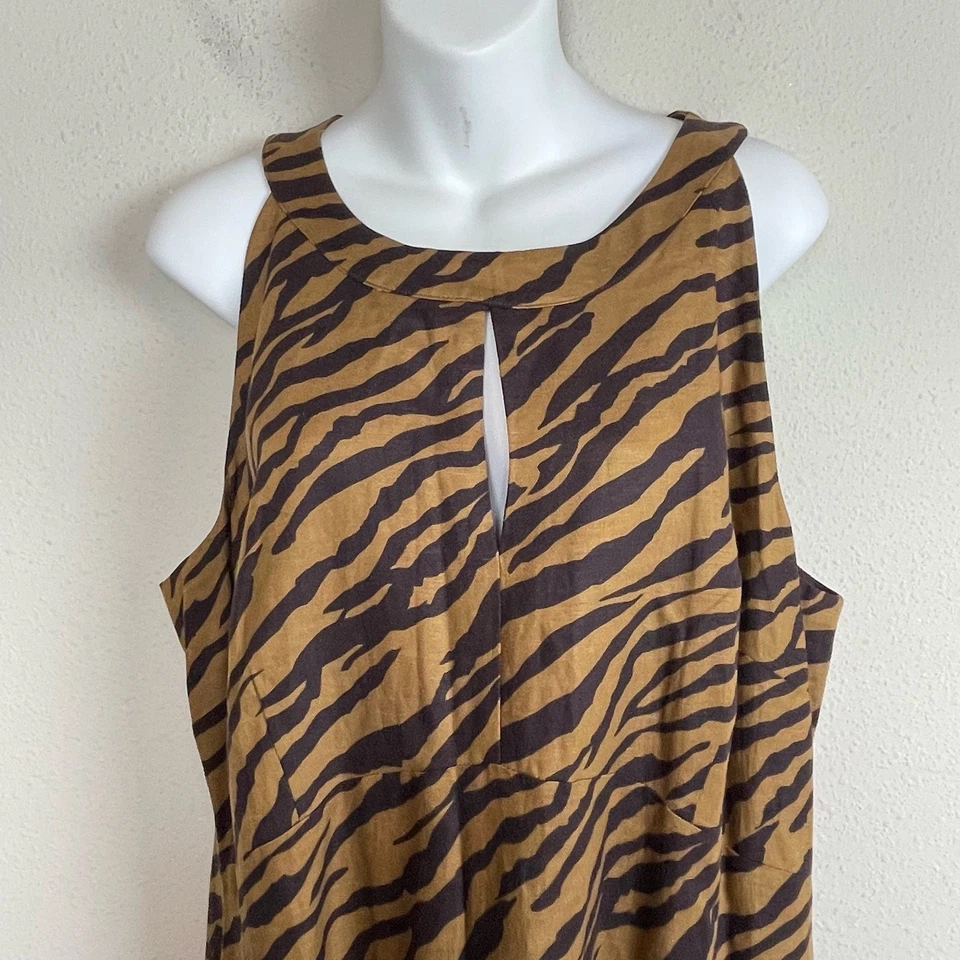 全新带标签长款 Sally 连衣裙 16 码亚麻混纺棕色动物印花高领长裙 — 第 3/4 张图片