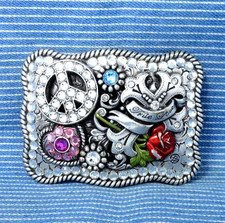 Cowgirl Love Peace Cross Rose Belt Buckle Rhinestones Vtg 80s 90s Nocona .CPA515