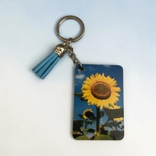 Sunflower Floral Keychain Blue Tassel Detachable Keyring Modern Yellow Blue