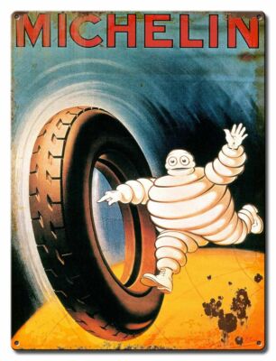 MICHELIN MAN RUNNING AFTER RUNAWAY TIRE HEAVY DUTY USA MADE METAL TIRES SIGN