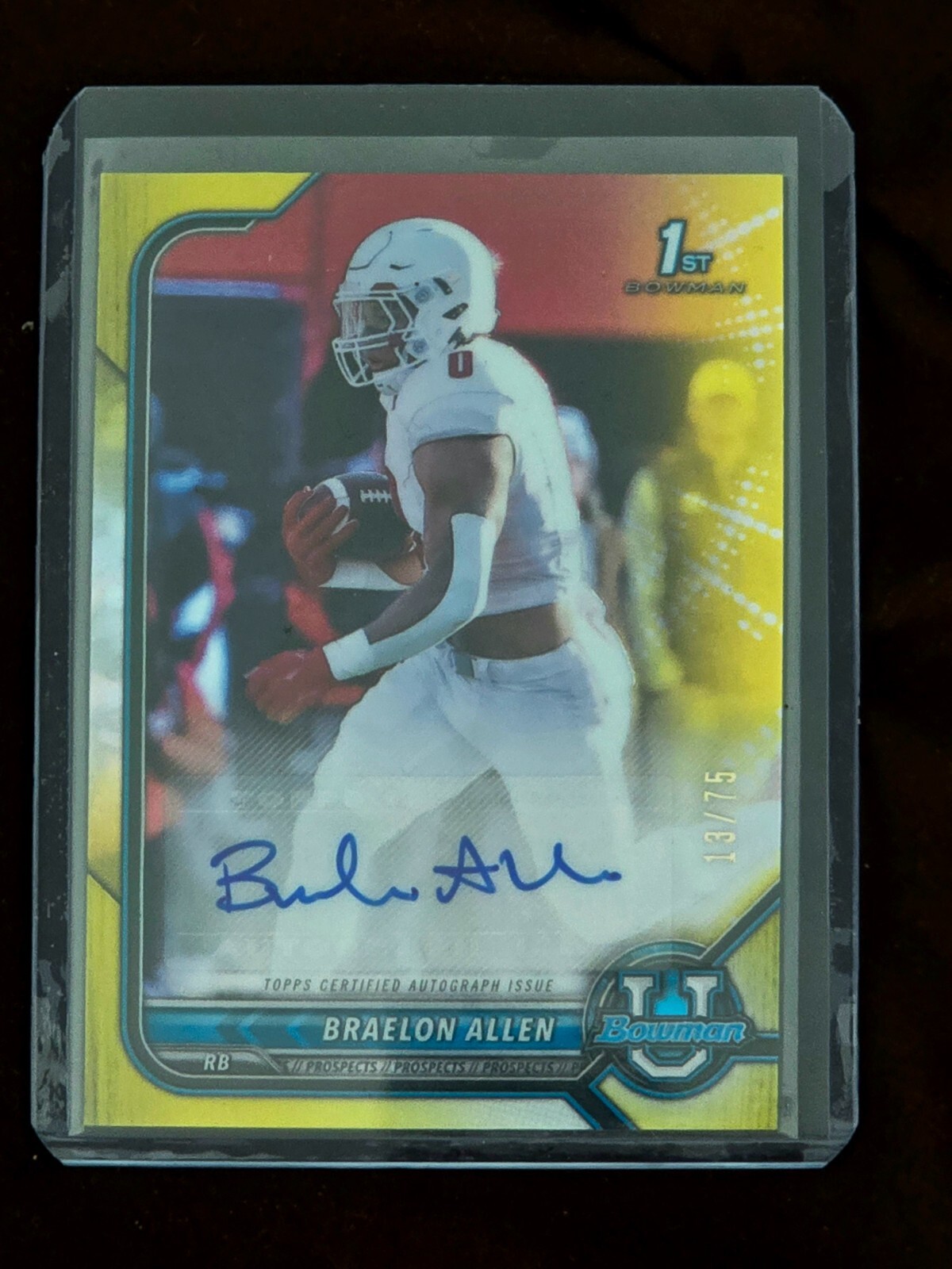 BRAELON ALLEN 2021 -2022 BOWMAN UNIVERSITY 1ST YELLOW AUTO #/75 2 TDs Jets win!