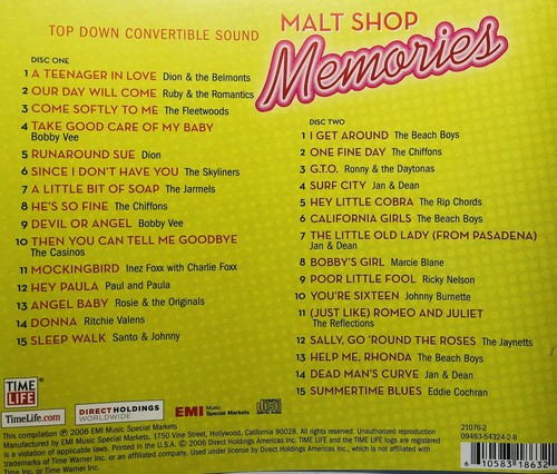 Malt Shop Memories, Top Down Convertible Sound by Various, 2 CD Set, Time Life - Picture 2 of 2