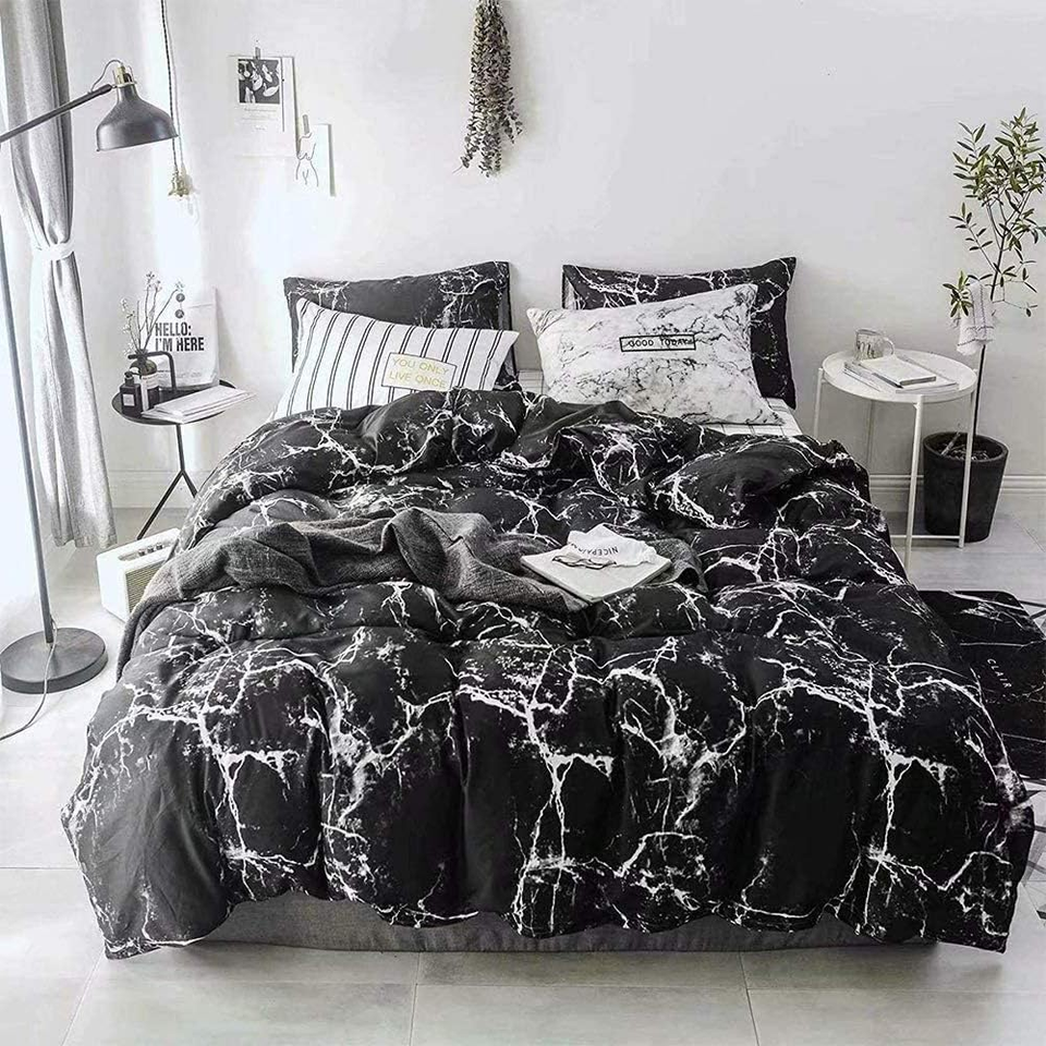 Queen Comforter Set Black Marble 3Pcs Grey Bedding Comforter Sets Men