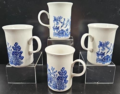 4 Churchill Willow Blue Mugs Set Asian Floral Ear Handle Coffee Cups England Lot