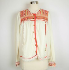 FREE PEOPLE Women's S Beige linen cropped lightweight jacket red  pink threads