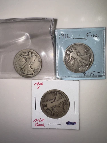 1916 P-D-S Lot TRIO Walking Liberty Silver Half Dollars - Good/Fine