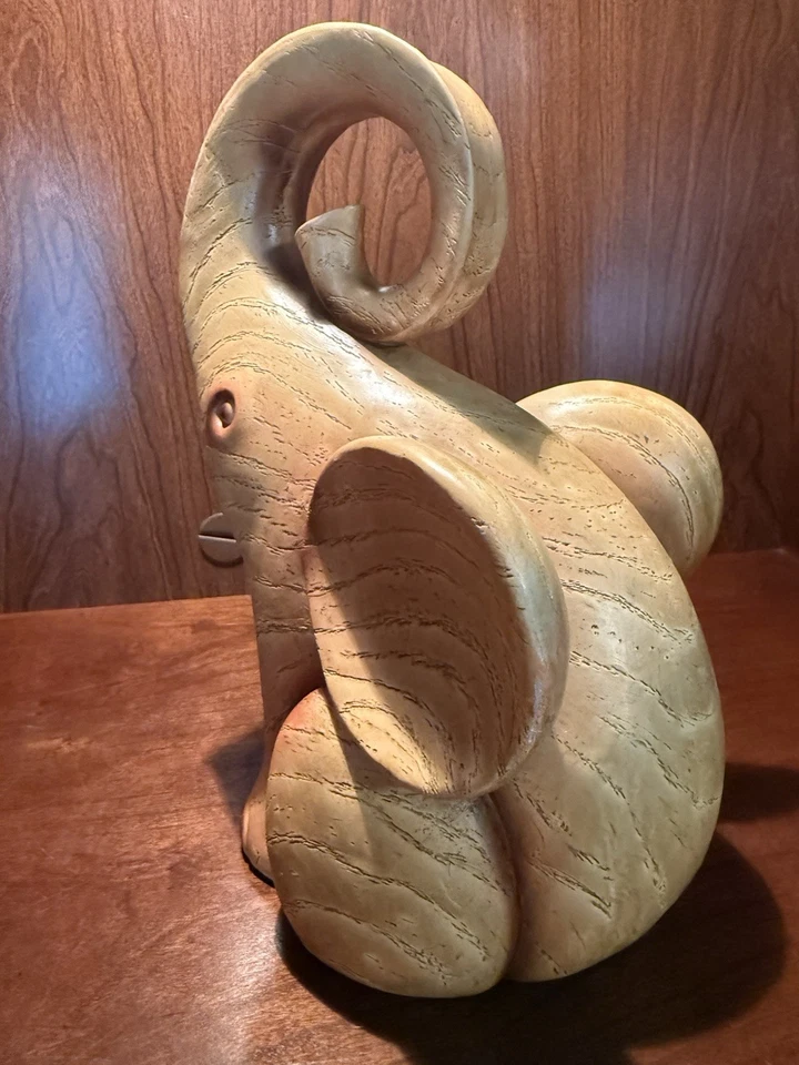 Elephant Statue Sculpture Resin Wood Like Finish Sitting Trunk Up 10” Tall X 6” - Image 4 of 4