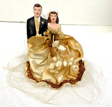 Antique Bisque Porcelain Lace Satin Bride Groom Wedding Cake Topper Figurine