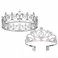 2PCS King and Queen Crown Set Metal Crown for Men and Women Crystal Tiaras fo...