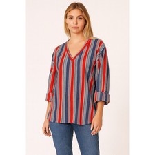 Ample Togs California Stripe 3/4 Sleeve Blouse Shirt V-Neck Multicolor Size XL