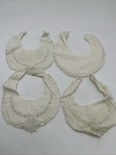 Antique Lot Of 4 Baby Bib Embroidered Floral Handmade Button Closure Cotton Doll