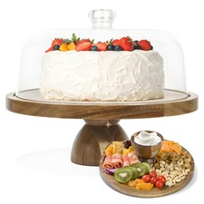 Jocher Acacia Wood Cake Stand Lid 2-In-1 Cake Plate Acrylic Lid 12In Round