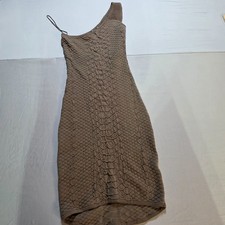 GUESS Women One Shoulder Bodycon Dress S Taupe Quilted Knit Ruched Asymmetric