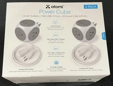 Atomi Power Cube 2 Pack. Each with 3 AC Outlets, 12w-port, 2 USB Ports.
