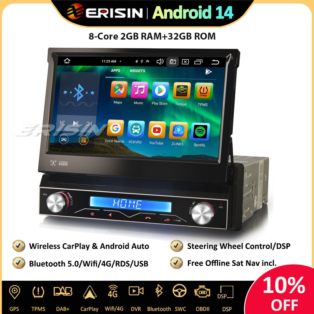 1 Din 8-Core Android 14 Autoradio GPS Navi CarPlay DSP FM TPMS Wifi BT5.0 SWC 4G