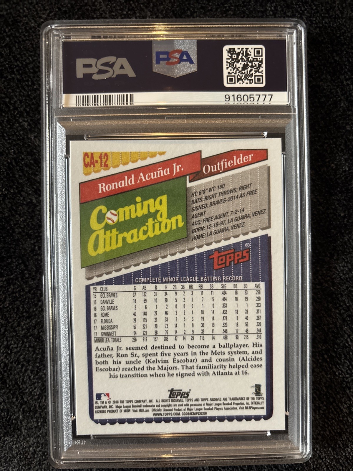 2018 Topps Archives 1993 Coming Attraction #CA12 Ronald Acuna Jr RC PSA 10 GEM view 2