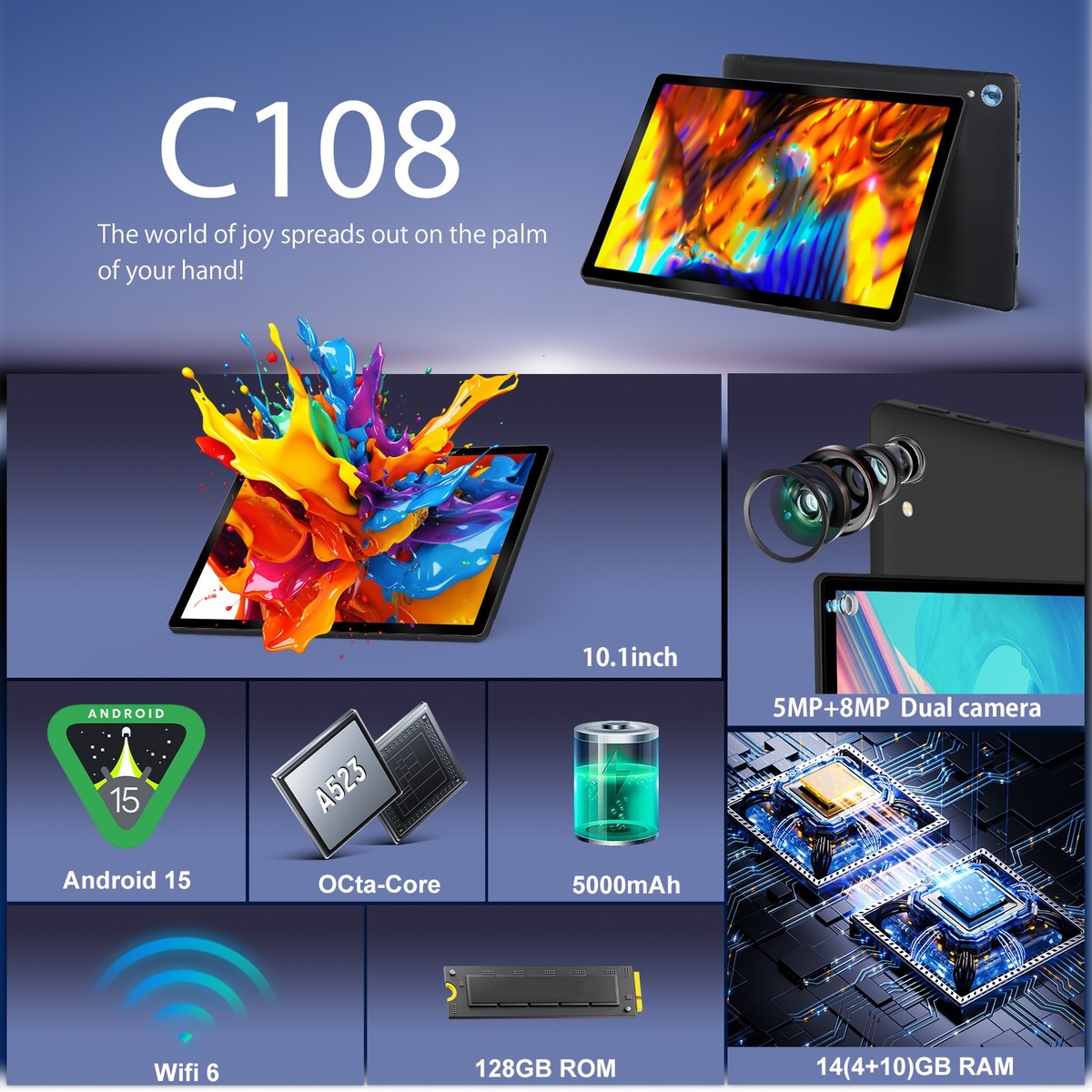 10 inch Android 15 Tablet 24GB RAM 128GB ROM (1TB TF) WiFi 5000mah