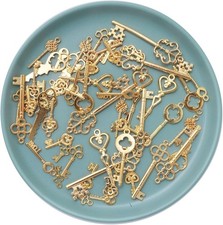 52 Bulk Skeleton Key Charms Steampunk Pendants Shiny Gold Wholesale Lot