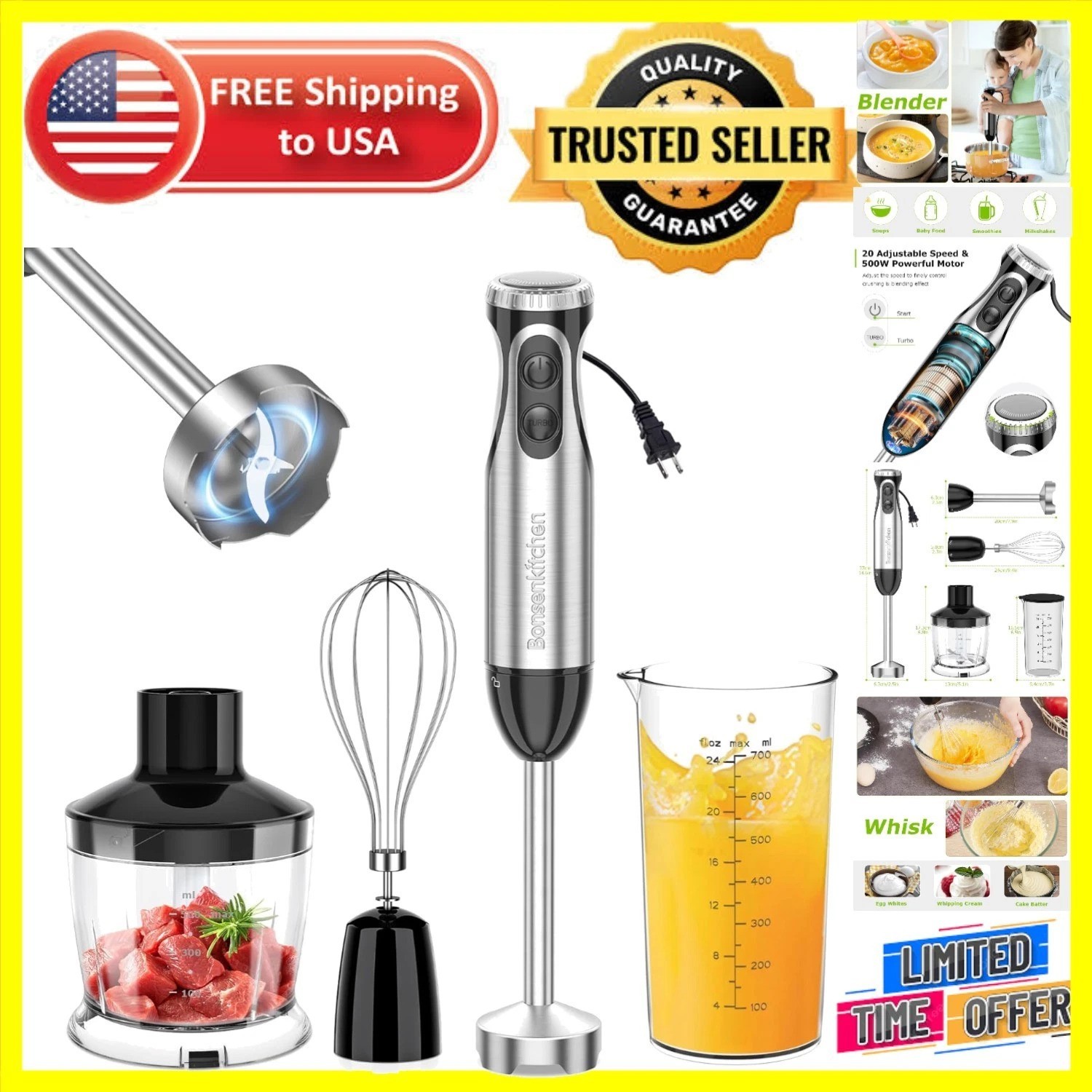 Stainless Steel Immersion Blender - 500W, 20 Speeds & Easy Clean Design