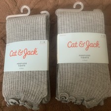 2 Pairs Cat  Jack Gray Ribbed Footless Tights Size 7-10