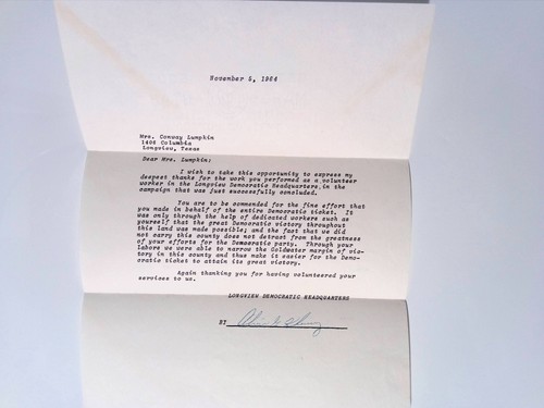 Thank You Letter 1964 Longview Democratic Headquarters Democratic Victory