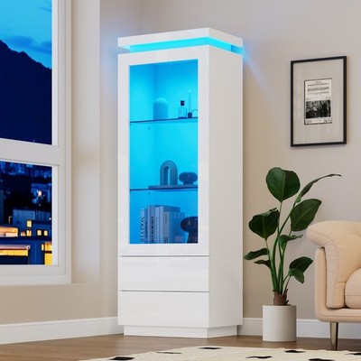 Hochglanz Glas Vitrine Standvitrine Schrank Highboard mit LED Beleuchtung Schubl